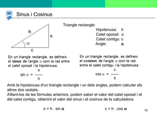 15
Sinus i Cosinus
Triangle rectangle:
Hipotenusa: h
Catet oposat: o
Catet contigu: c
Angle: α
Amb la hipotenusa d'un triangle rectangle i un dels angles, podem calcular els
altres dos costats.
Aïllant-los de les fórmules anteriors, podem saber el valor del catet oposat i el
del catet contigu, obtenint el valor del sinus i el cosinus de la calculadora:
o = h . sin α c = h . cos α
 