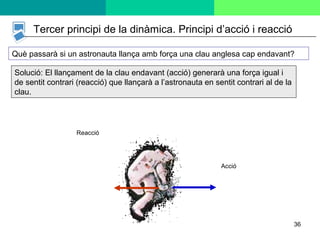 36
Què passarà si un astronauta llança amb força una clau anglesa cap endavant?
Solució: El llançament de la clau endavant (acció) generarà una força igual i
de sentit contrari (reacció) que llançarà a l’astronauta en sentit contrari al de la
clau.
Reacció
Acció
Tercer principi de la dinàmica. Principi d’acció i reacció
 