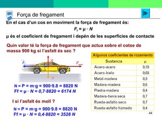 44
En el cas d’un cos en moviment la força de fregament és:
Ff = μ · N
μ és el coeficient de fregament i depén de les superfícies de contacte
P
→
N
→
Fmotor
→
Ff
→
Força de fregament 5
Quin valor té la força de fregament que actua sobre el cotxe de
massa 900 kg si l’asfalt és sec ?
N = P = m·g = 900·9.8 = 8820 N
Ff = μ · N = 0,7·8820 = 6174 N
I si l’asfalt és moll ?
N = P = m·g = 900·9.8 = 8820 N
Ff = μ · N = 0,4·8820 = 3528 N
 