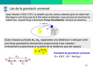 2
21
r
mm
GF =
G= 6’67. 10-11
Nm2
kg-2
Llei de la gravitació universal
Constant de gravitació universal
Dues masses puntuals m1, m2, separades una distància r s’atrauen amb
una força gravitatòria directament proporcional a les masses i
inversament proporcional al quadrat de la distància que les separa.
Isaac Newton (1642-1727) va establir que els cossos celestes giren al voltant del
Sol degut a una força que fa el Sol sobre el planetes i que provoca el moviment al
voltant seu. Aquest força s’anomena Força Gravitatòria i sempre és atractiva.
51
 