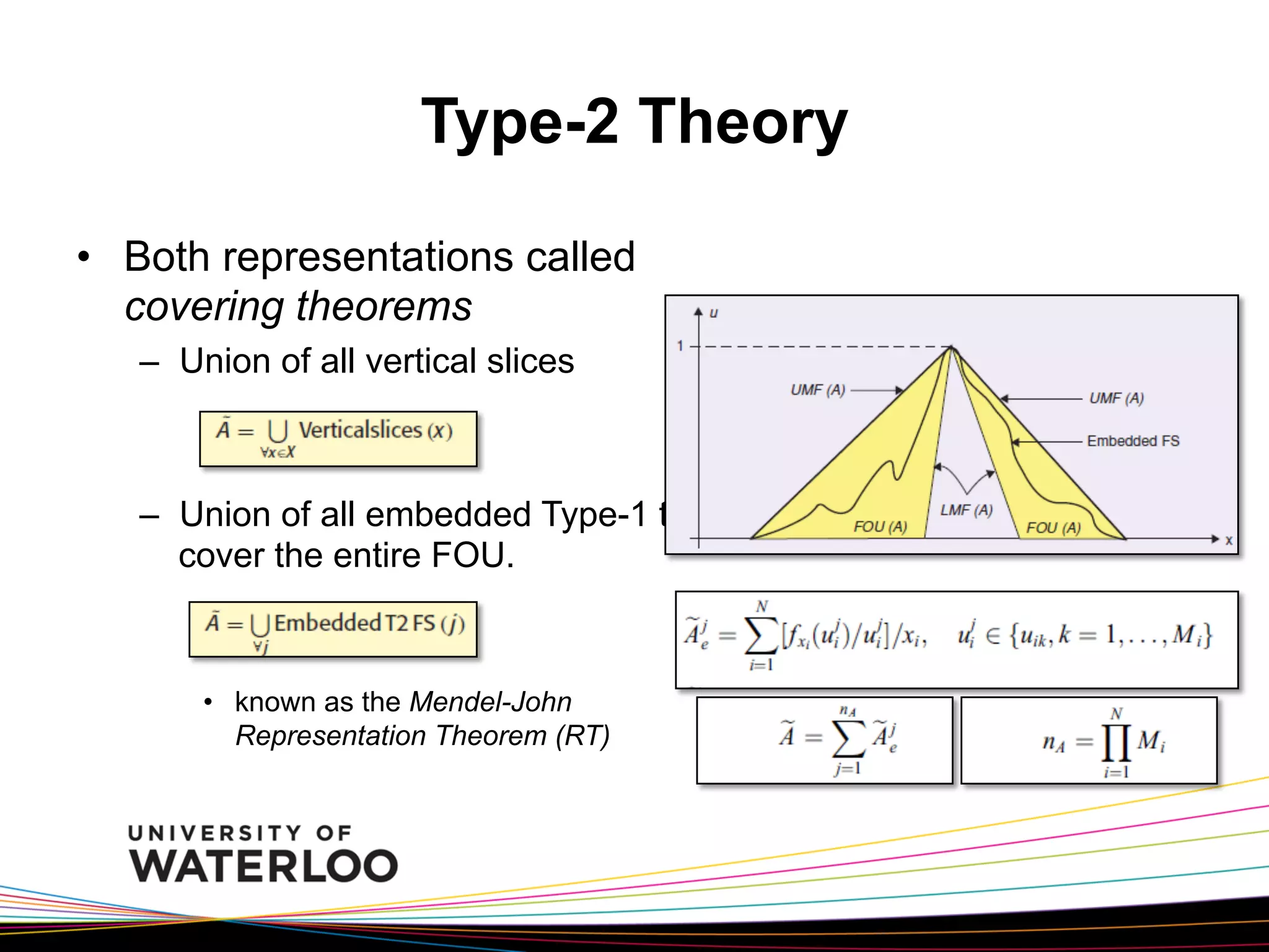 Type-2 Theory
•  Both representations called
covering theorems
–  Union of all vertical slices

–  Union of all embedded Type-1 that
cover the entire FOU.

•  known as the Mendel-John
Representation Theorem (RT)

 