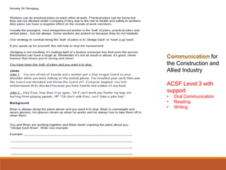 Communication for
the Construction and
Allied Industry
ACSF Level 3 with
support
• Oral Communication
• Reading
• Writing
 