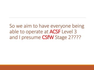 So we aim to have everyone being
able to operate at ACSF Level 3
and I presume CSfW Stage 2????
 