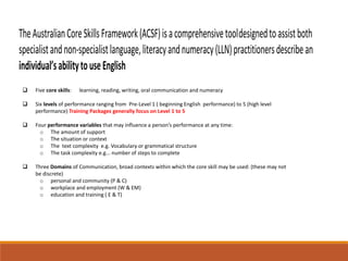 TheAustralianCoreSkillsFramework(ACSF)isacomprehensivetooldesignedtoassistboth
specialistandnon-specialistlanguage,literacyandnumeracy(LLN)practitionersdescribean
individual’sabilitytouseEnglish
 Five core skills: learning, reading, writing, oral communication and numeracy
 Six levels of performance ranging from Pre-Level 1 ( beginning English performance) to 5 (high level
performance) Training Packages generally focus on Level 1 to 5
 Four performance variables that may influence a person’s performance at any time:
o The amount of support
o The situation or context
o The text complexity e.g. Vocabulary or grammatical structure
o The task complexity e.g... number of steps to complete
 Three Domains of Communication, broad contexts within which the core skill may be used: (these may not
be discrete)
o personal and community (P & C)
o workplace and employment (W & EM)
o education and training ( E & T)
 