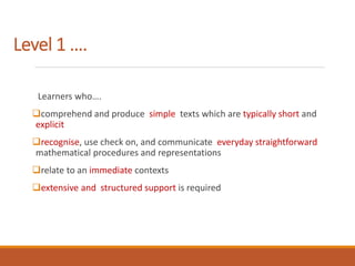 Level 1 ….
Learners who….
comprehend and produce simple texts which are typically short and
explicit
recognise, use check on, and communicate everyday straightforward
mathematical procedures and representations
relate to an immediate contexts
extensive and structured support is required
 