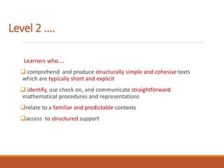 Level 2 ….
Learners who….
 comprehend and produce structurally simple and cohesive texts
which are typically short and explicit
 identify, use check on, and communicate straightforward
mathematical procedures and representations
relate to a familiar and predictable contexts
access to structured support
 
