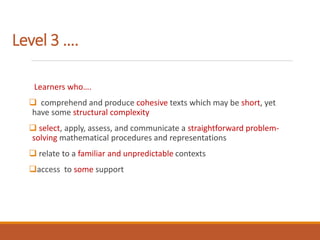 Level 3 ….
Learners who….
 comprehend and produce cohesive texts which may be short, yet
have some structural complexity
 select, apply, assess, and communicate a straightforward problem-
solving mathematical procedures and representations
 relate to a familiar and unpredictable contexts
access to some support
 