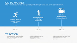 GO TO MARKET 
That connects sports fans and sports legends through voice, text. and video interaction. 
3 Months 
6 Months 12 Months 
Expand focus to 
include current 
athletes 
Enter the 
entertainment 
Enter the music industry (actors) 
industry 
(musicians) 
TRACTION 
Commitment from Clear Channel to 
beta test the prototype with their 
sports & music fans 
Continued meetings with AZ 
Diamondbacks CEO & 
VP of Communications 
Early conversations with Fiesta Bowl 
President & request to view 
prototype 
 