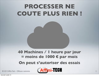 © 2013 Afﬁni-Tech - Diffusion restreinte
PROCESSER NE
COUTE PLUS RIEN !
21
40 Machines / 1 heure par jour
= moins de 1000 € par mois
On peut s’autoriser des essais
mercredi 3 juillet 13
 