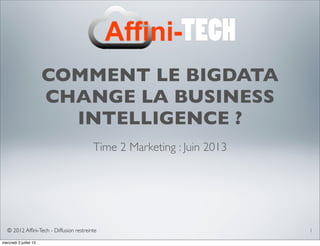 © 2012 Afﬁni-Tech - Diffusion restreinte
COMMENT LE BIGDATA
CHANGE LA BUSINESS
INTELLIGENCE ?
Time 2 Marketing : Juin 2013
1
mercredi 3 juillet 13
 
