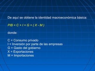 De aquí se obtiene la identidad macroeconómica básica:

PIB = C + I + G + ( X - M )

donde:

C = Consumo privado
I = Inversión por parte de las empresas
G = Gasto del gobierno
X = Exportaciones
M = Importaciones
 
