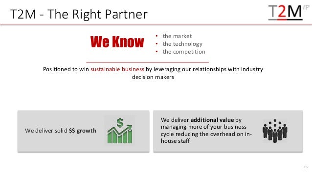 T2M - The Right Partner
We deliver additional value by
managing more of your business
cycle reducing the overhead on in-
house staff
T2M Corporate Overview 15
We deliver solid $$ growth
• the market
• the technology
• the competition
We Know
Positioned to win sustainable business by leveraging our relationships with industry
decision makers
15
 