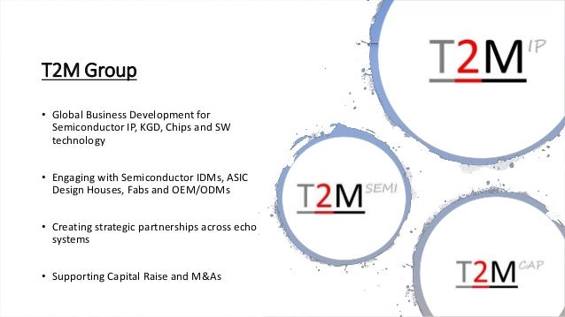 T2M Group
• Global Business Development for
Semiconductor IP, KGD, Chips and SW
technology
• Engaging with Semiconductor IDMs, ASIC
Design Houses, Fabs and OEM/ODMs
• Creating strategic partnerships across echo
systems
• Supporting Capital Raise and M&As
2
 