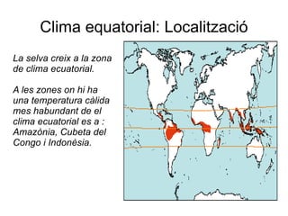 Clima equatorial: Localització La selva creix a la zona de clima ecuatorial. A les zones on hi ha una temperatura càlida mes habundant de el clima ecuatorial es a : Amazònia, Cubeta del Congo i Indonèsia. 