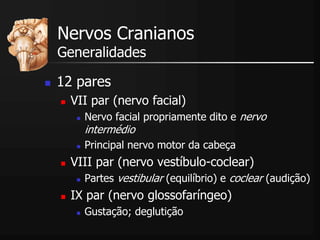 Nervos Cranianos
Generalidades
 12 pares
 VII par (nervo facial)
 Nervo facial propriamente dito e nervo
intermédio
 Principal nervo motor da cabeça
 VIII par (nervo vestíbulo-coclear)
 Partes vestibular (equilíbrio) e coclear (audição)
 IX par (nervo glossofaríngeo)
 Gustação; deglutição
 