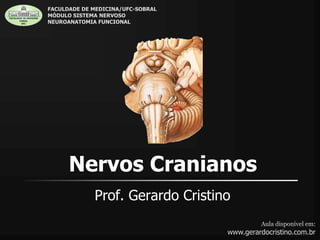 Nervos Cranianos
Prof. Gerardo Cristino
Aula disponível em:
www.gerardocristino.com.br
FACULDADE DE MEDICINA/UFC-SOBRAL
MÓDULO SISTEMA NERVOSO
NEUROANATOMIA FUNCIONAL
 