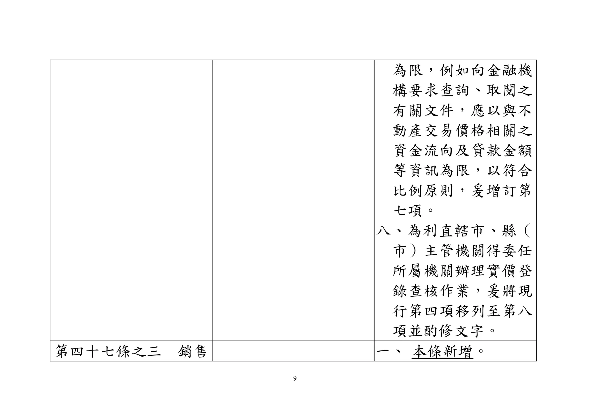 9
為限，例如向金融機
構要求查詢、取閱之
有關文件，應以與不
動產交易價格相關之
資金流向及貸款金額
等資訊為限，以符合
比例原則，爰增訂第
七項。
八、為利直轄市、縣（
市）主管機關得委任
所屬機關辦理實價登
錄查核作業，爰將現
行第四項移列至第八
項並酌修文字。
第四十七條之三 銷售 一、 本條新增。
 