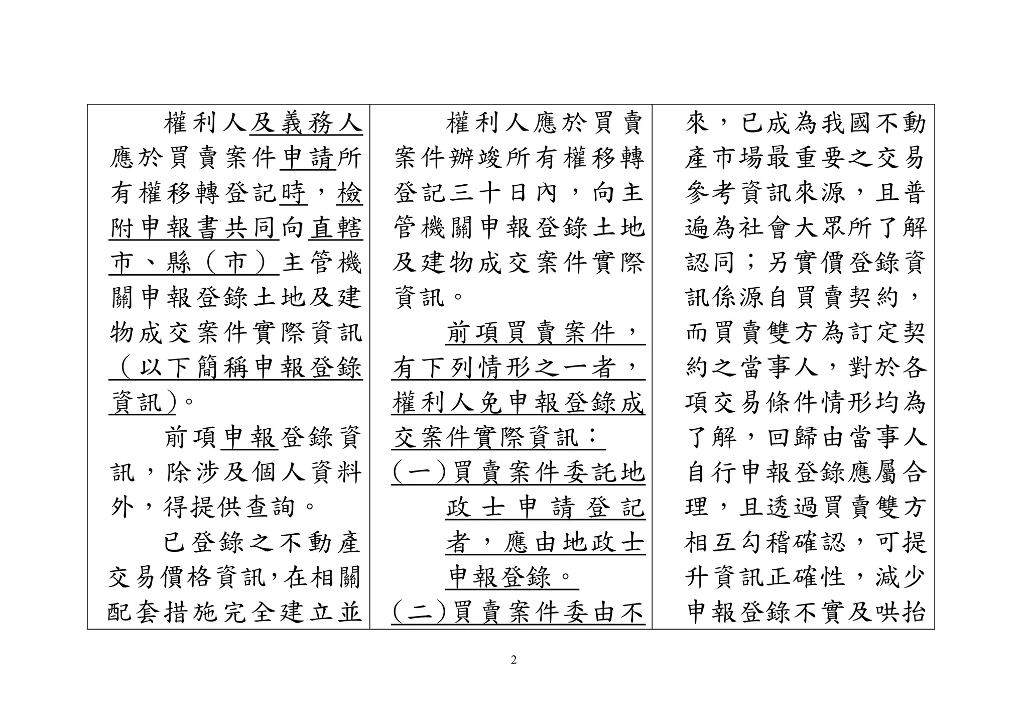 2
權利人及義務人
應於買賣案件申請所
有權移轉登記時，檢
附申報書共同向直轄
市、縣（市）主管機
關申報登錄土地及建
物成交案件實際資訊
（以下簡稱申報登錄
資訊）。
前項申報登錄資
訊，除涉及個人資料
外，得提供查詢。
已登錄之不動產
交易價格資訊，在相關
配套措施完全建立並
權利人應於買賣
案件辦竣所有權移轉
登記三十日內，向主
管機關申報登錄土地
及建物成交案件實際
資訊。
前項買賣案件，
有下列情形之ㄧ者，
權利人免申報登錄成
交案件實際資訊：
(一)買賣案件委託地
政 士 申 請 登 記
者，應由地政士
申報登錄。
(二)買賣案件委由不
來，已成為我國不動
產市場最重要之交易
參考資訊來源，且普
遍為社會大眾所了解
認同；另實價登錄資
訊係源自買賣契約，
而買賣雙方為訂定契
約之當事人，對於各
項交易條件情形均為
了解，回歸由當事人
自行申報登錄應屬合
理，且透過買賣雙方
相互勾稽確認，可提
升資訊正確性，減少
申報登錄不實及哄抬
 