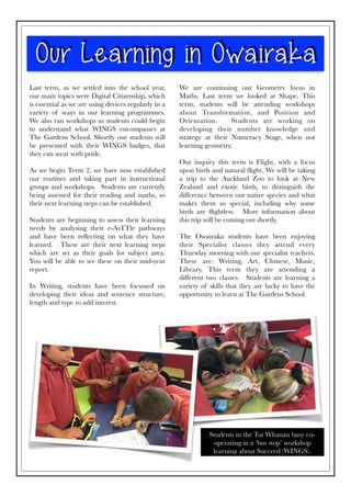 Our Learning in Owairaka
Last term, as we settled into the school year,
our main topics were Digital Citizenship, which
is essential as we are using devices regularly in a
variety of ways in our learning programmes.
We also ran workshops so students could begin
to understand what WINGS encompasses at
The Gardens School. Shortly our students will
be presented with their WINGS badges, that
they can wear with pride.
As we begin Term 2, we have now established
our routines and taking part in instructional
groups and workshops. Students are currently
being assessed for their reading and maths, so
their next learning steps can be established.
Students are beginning to assess their learning
needs by analysing their e-AsTTle pathways
and have been reﬂecting on what they have
learned. These are their next learning steps
which are set as their goals for subject area.
You will be able to see these on their mid-year
report.
In Writing, students have been focussed on
developing their ideas and sentence structure,
length and type to add interest.
We are continuing our Geometry focus in
Maths. Last term we looked at Shape. This
term, students will be attending workshops
about Transformation, and Position and
Orientation. Students are working on
developing their number knowledge and
strategy at their Numeracy Stage, when not
learning geometry.
Our inquiry this term is Flight, with a focus
upon birds and natural ﬂight. We will be taking
a trip to the Auckland Zoo to look at New
Zealand and exotic birds, to distinguish the
difference between our native species and what
makes them so special, including why some
birds are ﬂightless. More information about
this trip will be coming out shortly.
The Owairaka students have been enjoying
their Specialist classes they attend every
Thursday morning with our specialist teachers.
These are: Writing, Art, Chinese, Music,
Library. This term they are attending a
different two classes. Students are learning a
variety of skills that they are lucky to have the
opportunity to learn at The Gardens School.
Students in the Tui Whanau busy co-
operating in a ‘bus stop’ workshop
learning about Succeed (WINGS).
 