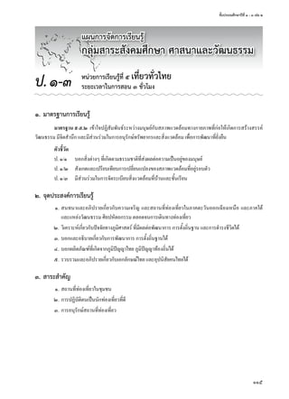 ชั้นประถมศึกษาปีที่ ๑ - ๓ เล่ม ๒
115
๑. มาตรฐานการเรียนรู้
มาตรฐาน ส ๕.๒	 เข้าใจปฏิสัมพันธ์ระหว่างมนุษย์กับสภาพแวดล้อมทางกายภาพที่ก่อให้เกิดการสร้างสรรค์
วัฒนธรรม	มีจิตสำานึก	และมีส่วนร่วมในการอนุรักษ์ทรัพยากรและสิ่งแวดล้อม	เพื่อการพัฒนาที่ยั่งยืน
ตัวชี้วัด
ป.	๑/๑	 บอกสิ่งต่างๆ	ที่เกิดตามธรรมชาติที่ส่งผลต่อความเป็นอยู่ของมนุษย์
ป.	๑/๒	 สังเกตและเปรียบเทียบการเปลี่ยนแปลงของสภาพแวดล้อมที่อยู่รอบตัว
ป.	๑/๓	 มีส่วนร่วมในการจัดระเบียบสิ่งแวดล้อมที่บ้านและชั้นเรียน
๒. จุดประสงค์การเรียนรู้
	 ๑.	สนทนาและอภิปรายเกี่ยวกับความเจริญ	และสถานที่ท่องเที่ยวในภาคตะวันออกเฉียงเหนือ	และภาคใต้	
และแหล่งวัฒนธรรม	ศิลปหัตถกรรม	ตลอดจนการเดินทางท่องเที่ยว
	 ๒.	วิเคราะห์เกี่ยวกับปัจจัยทางภูมิศาสตร์	ที่มีผลต่อพัฒนาการ	การตั้งถิ่นฐาน	และการดำารงชีวิตได้
	 ๓.	บอกและอธิบายเกี่ยวกับการพัฒนาการ	การตั้งถิ่นฐานได้
	 ๔.	บอกผลิตภัณฑ์ที่เกิดจากภูมิปัญญาไทย	ภูมิปัญญาท้องถิ่นได้
	 ๕.	รวบรวมและอภิปรายเกี่ยวกับเอกลักษณ์ไทย	และอุปนิสัยคนไทยได้
๓. สาระสำาคัญ
	 ๑.	สถานที่ท่องเที่ยวในชุมชน
	 ๒.	การปฏิบัติตนเป็นนักท่องเที่ยวที่ดี
	 ๓.	การอนุรักษ์สถานที่ท่องเที่ยว
หน่วยการเรียนรู้ที่ ๕ เที่ยวทั่วไทย
ระยะเวลาในการสอน ๓ ชั่วโมงป.๑-๓
แผนการจัดการเรียนรู้
กลุ่มสาระสังคมศึกษา ศาสนาและวัฒนธรรม
 