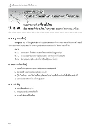 คู่มือครูสอนทางไกลผ่านดาวเทียมสำาหรับโรงเรียนปลายทาง
100
๑. มาตรฐานการเรียนรู้
มาตรฐาน ส ๕.๒ เข้าใจปฏิสัมพันธ์ระหว่างมนุษย์กับสภาพแวดล้อมทางกายภาพที่ก่อให้เกิดการสร้างสรรค์
วัฒนธรรม มีจิตสำานึก และมีส่วนร่วมในการอนุรักษ์ทรัพยากรและสิ่งแวดล้อม เพื่อการพัฒนาที่ยั่งยืน
ตัวชี้วัด
ป. ๑/๑ บอกสิ่งต่างๆ ที่เกิดตามธรรมชาติที่ส่งผลต่อความเป็นอยู่ของมนุษย์
ป. ๑/๒ สังเกตและเปรียบเทียบการเปลี่ยนแปลงของสภาพแวดล้อมที่อยู่รอบตัว
ป. ๑/๓ มีส่วนร่วมในการจัดระเบียบสิ่งแวดล้อมที่บ้านและชั้นเรียน
๒. จุดประสงค์การเรียนรู้
๑. บอกหรืออธิบายความหมายและองค์ประกอบของแผนผัง แผนที่
๒. สามารถสร้างและใช้แผนผัง แผนที่อย่างง่ายๆ ได้
๓. รู้ประโยชน์และสามารถใช้เครื่องมือทางภูมิศาสตร์อย่างง่ายๆ เพื่อค้นหาข้อมูลในพื้นที่โดยรอบตัวได้
๔. บอกและอธิบายสถานที่ท่องเที่ยวในชุมชนได้
๓. สาระสำาคัญ
๑.  สถานที่ท่องเที่ยวในชุมชน
๒. การปฏิบัติตนเป็นนักท่องเที่ยวที่ดี
๓. การอนุรักษ์สถานที่ท่องเที่ยว
หน่วยการเรียนรู้ที่ ๕ เที่ยวทั่วไทย
เรื่อง สถานที่ท่องเที่ยวในชุมชน ระยะเวลาในการสอน ๓ ชั่วโมงป.๑-๓
แผนการจัดการเรียนรู้
กลุ่มสาระสังคมศึกษา ศาสนาและวัฒนธรรม
 