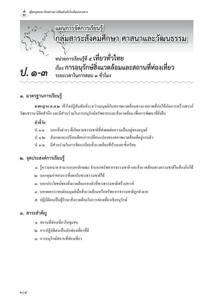 คู่มือครูสอนทางไกลผ่านดาวเทียมสำาหรับโรงเรียนปลายทาง
104
๑. มาตรฐานการเรียนรู้
มาตรฐาน ส ๕.๒	 เข้าใจปฏิสัมพันธ์ระหว่างมนุษย์กับสภาพแวดล้อมทางกายภาพที่ก่อให้เกิดการสร้างสรรค์
วัฒนธรรม	มีจิตสำานึก	และมีส่วนร่วมในการอนุรักษ์ทรัพยากรและสิ่งแวดล้อม	เพื่อการพัฒนาที่ยั่งยืน
ตัวชี้วัด
ป.	๑/๑	 บอกสิ่งต่างๆ	ที่เกิดตามธรรมชาติที่ส่งผลต่อความเป็นอยู่ของมนุษย์
ป.	๑/๒	 สังเกตและเปรียบเทียบการเปลี่ยนแปลงของสภาพแวดล้อมที่อยู่รอบตัว
ป.	๑/๓	 มีส่วนร่วมในการจัดระเบียบสิ่งแวดล้อมที่บ้านและชั้นเรียน
๒. จุดประสงค์การเรียนรู้
	 ๑.	รู้ความหมาย	สามารถบอกลักษณะ	จำาแนกทรัพยากรธรรมชาติ	และสิ่งแวดล้อมทางธรรมชาติในท้องถิ่นได้
	 ๒.	บอกคุณค่าของการพึ่งพากันทางธรรมชาติได้
	 ๓.	บอกประโยชน์ของสิ่งแวดล้อมรอบตัวที่ทางธรรมชาติสร้างสรรค์
	 ๔.	บอกผลกระทบต่อมนุษย์เมื่อสิ่งแวดล้อมหรือทรัพยากรธรรมชาติถูกทำาลาย
	 ๕.	ปฏิบัติตนเป็นผู้รักษาสิ่งแวดล้อมในการท่องเที่ยวเชิงอนุรักษ์
๓. สาระสำาคัญ
	 ๑.	สถานที่ท่องเที่ยวในชุมชน
	 ๒.	การปฏิบัติตนเป็นนักท่องเที่ยวที่ดี
	 ๓.	การอนุรักษ์สถานที่ท่องเที่ยว
หน่วยการเรียนรู้ที่ ๕ เที่ยวทั่วไทย
เรื่อง การอนุรักษ์สิ่งแวดล้อมและสถานที่ท่องเที่ยว
ระยะเวลาในการสอน ๓ ชั่วโมงป.๑-๓
แผนการจัดการเรียนรู้
กลุ่มสาระสังคมศึกษา ศาสนาและวัฒนธรรม
 