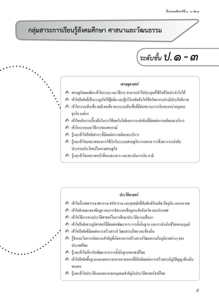 ชั้นประถมศึกษาปีที่ ๑ - ๓ เล่ม ๒
5
เศรษฐศาสตร์
✍ เศรษฐกิจพอเพียงเข้าใจระบบและวิธีการสามารถนำาไปประยุกต์ใช้กับชีวิตประจำาวันได้
✍ เข้าใจปัจจัยที่เป็นแรงจูงใจให้ผู้ผลิตและผู้บริโภคตัดสินใจใช้ทรัพยากรอย่างมีประสิทธิภาพ
✍ เข้าใจระบบสินเชื่อผลดีผลเสียของระบบสินเชื่อที่มีต่อสถานะการเงินของหน่วยบุคคล
ธุรกิจองค์กร
✍ เข้าใจหลักการเบื้องต้นในการใช้เทคโนโลยีและการแข่งขันที่มีผลต่อการผลิตและบริการ
✍ เข้าใจระบบและวิธีการของสหกรณ์
✍ รู้และเข้าใจปัจจัยต่างๆที่มีผลต่อการผลิตและบริการ
✍ รู้และเข้าใจบทบาทของการใช้เงินในระบบเศรษฐกิจการตลาดการพึ่งพาการแข่งขัน
ประสานประโยชน์ในทางเศรษฐกิจ
✍ รู้และเข้าใจบทบาทหน้าที่ของธนาคารและสถาบันการเงินภาษี
ประวัติศาสตร์
✍ เข้าใจเรื่องทศวรรษศตวรรษสหัสวรรษและยุคสมัยที่สัมพันธ์กับอดีตปัจจุบันและอนาคต
✍ เข้าใจลักษณะของข้อมูลและการจัดระบบข้อมูลระดับจังหวัดและประเทศ
✍ เข้าใจวิธีการทางประวัติศาสตร์ในการศึกษาประวัติความเป็นมา
✍ เข้าใจปัจจัยทางภูมิศาสตร์ที่มีผลต่อพัฒนาการการตั้งถิ่นฐานและการดำาเนินชีวิตของมนุษย์
✍ เข้าใจปัจจัยที่มีผลต่อการสร้างสรรค์วัฒนธรรมไทยและท้องถิ่น
✍ รู้จักและวิเคราะห์ผลงานสำาคัญที่เกิดจากการสร้างสรรค์วัฒนธรรมในภูมิภาคต่างๆของ
ประเทศไทย
✍ รู้และเข้าใจเกี่ยวกับพัฒนาการการตั้งถิ่นฐานของชาติไทย
✍ เข้าใจปัจจัยพื้นฐานและผลกระทบจากภายนอกที่มีอิทธิพลต่อการสร้างสรรค์ภูมิปัญญาท้องถิ่น
ของตน
✍ รู้และเข้าใจประวัติและผลงานของบุคคลสำาคัญในประวัติศาสตร์ชาติไทย
กลุ่มสาระการเรียนรู้สังคมศึกษา ศาสนาและวัฒนธรรม
ระดับชั้น ป.๑-๓
 