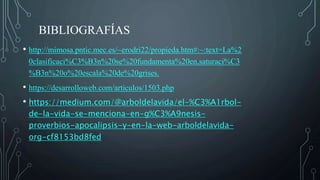 BIBLIOGRAFÍAS
• http://mimosa.pntic.mec.es/~erodri22/propieda.htm#:~:text=La%2
0clasificaci%C3%B3n%20se%20fundamenta%20en,saturaci%C3
%B3n%20o%20escala%20de%20grises.
• https://desarrolloweb.com/articulos/1503.php
• https://medium.com/@arboldelavida/el-%C3%A1rbol-
de-la-vida-se-menciona-en-g%C3%A9nesis-
proverbios-apocalipsis-y-en-la-web-arboldelavida-
org-cf8153bd8fed
 