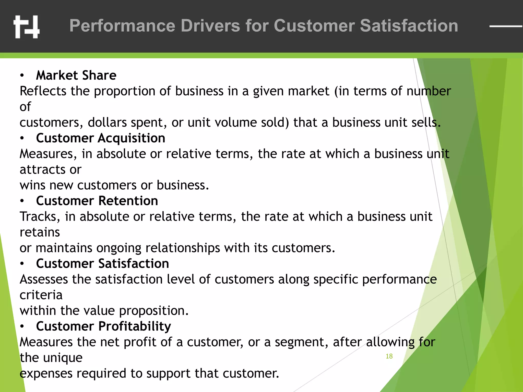 18
• Market Share
Reflects the proportion of business in a given market (in terms of number
of
customers, dollars spent, or unit volume sold) that a business unit sells.
• Customer Acquisition
Measures, in absolute or relative terms, the rate at which a business unit
attracts or
wins new customers or business.
• Customer Retention
Tracks, in absolute or relative terms, the rate at which a business unit
retains
or maintains ongoing relationships with its customers.
• Customer Satisfaction
Assesses the satisfaction level of customers along specific performance
criteria
within the value proposition.
• Customer Profitability
Measures the net profit of a customer, or a segment, after allowing for
the unique
expenses required to support that customer.
Performance Drivers for Customer Satisfaction
 