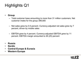 Highlights Q1

    • Group
             – Total customer base amounting to more than 31 million customers. Net
               customer intake for the group 399,000

             – Net sales grew by 0.5 percent. Currency-adjusted net sales grew by 7
               percent, driven by mobile sales

             – EBITDA grew by 4 percent. Currency-adjusted EBITDA grew by 11
               percent. EBITDA margin amounted to 26 (25) percent


    •      Russia
    •      Nordic
    •      Central Europe & Eurasia
    •      Western Europe

3       2010-10-20
 