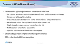 Camera HAL3 API (continued)
• Developed a lightweight camera software architecture
• No capture requests – continuously streams frames until the camera is stopped
• Simple and lightweight metadata
• Circular queue created between kernel driver and HAL for synchronization
• Kernel driver stores the captured frame in a per-camera list
• Single thread retrieves camera frames from the list
• Notifies client when frame is available
• Updates circular queue after frame consumption
• Observed significant improvements in performance
• 80% reduction in CPU consumption
19
Meta Platforms Inc
 