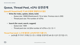 AWS DATA SPECIAL WEBINAR
© 2022, Amazon Web Services, Inc. or its affiliates.
Queue, Thread Pool, vCPU 상관관계
Queue와 Thread Pool은 각 API 유형에 개별적으로 할당
• Write (for Index, update, delete, bulk)
- Queue size: 10000 (Elasticsearch 7.8 or later. Previous size is 200)
- Thread pool size: The number of vCPUs
• Search (for count, search, suggest)
- Queue size: 1000
- Thread pool size: int ((the number of vCPUs x 3) / 2) +1
Thread Pool size는 노드에 할당된 vCPU에 따라 다릅니다.
• (vCPU를 추가하기 위해) 인스턴스 유형을 변경하면 API 동시성이 증가합니다.
 