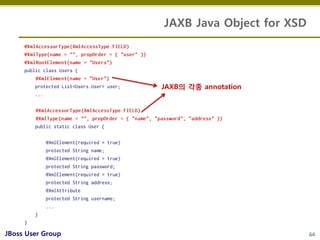JAXB Java Object for XSD




                   JAXB의 각종 annotation




JBoss User Group                              64
 