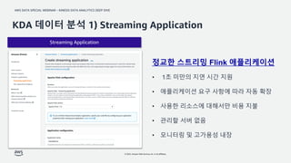 AWS DATA SPECIAL WEBINAR – KINESIS DATA ANALYTICS DEEP DIVE
© 2022, Amazon Web Services, Inc. or its affiliates.
Streaming Application
KDA 데이터 분석 1) Streaming Application
정교한 스트리밍 Flink 애플리케이션
• 1초 미만의 지연 시간 지원
• 애플리케이션 요구 사항에 따라 자동 확장
• 사용한 리소스에 대해서만 비용 지불
• 관리할 서버 없음
• 모니터링 및 고가용성 내장
 