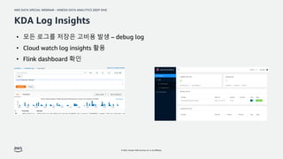 AWS DATA SPECIAL WEBINAR – KINESIS DATA ANALYTICS DEEP DIVE
© 2022, Amazon Web Services, Inc. or its affiliates.
KDA Log Insights
• 모든 로그를 저장은 고비용 발생 – debug log
• Cloud watch log insights 활용
• Flink dashboard 확인
 