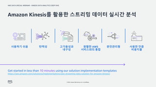 AWS DATA SPECIAL WEBINAR – KINESIS DATA ANALYTICS DEEP DIVE
© 2022, Amazon Web Services, Inc. or its affiliates.
Amazon Kinesis를 활용한 스트리밍 데이터 실시간 분석
사용하기 쉬움 탄력성 고가용성과
내구성
원활한 AWS
서비스와의 통합
완전관리형 사용한 만큼
비용지불
Get started in less than 10 minutes using our solution implementation templates
https://aws.amazon.com/solutions/implementations/aws-streaming-data-solution-for-amazon-kinesis/
 