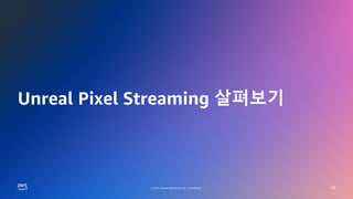 © 2022, Amazon Web Services, Inc. or its affiliates.
GAMES ON AWS 2022
© 2022, Amazon Web Services, Inc. or its affiliates.
Unreal Pixel Streaming 살펴보기
19
 