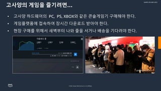 © 2022, Amazon Web Services, Inc. or its affiliates.
GAMES ON AWS 2022
고사양의 게임을 즐기려면…
• 고사양 하드웨어의 PC, PS, XBOX와 같은 콘솔게임기 구매해야 한다.
• 게임플랫폼에 접속하여 장시간 다운로드 받아야 한다.
• 현장 구매를 위해서 새벽부터 나와 줄을 서거나 배송을 기다려야 한다.
 