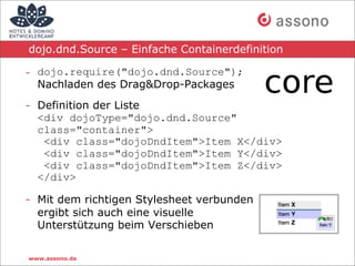 dojo.dnd.Source – Einfache Containerdefinition

- dojo.require("dojo.dnd.Source");
  Nachladen des Drag&Drop-Packages

- Definition der Liste
  <div dojoType="dojo.dnd.Source"
  class="container">
   <div class="dojoDndItem">Item X</div>
   <div class="dojoDndItem">Item Y</div>
   <div class="dojoDndItem">Item Z</div>
  </div>

- Mit dem richtigen Stylesheet verbunden
  ergibt sich auch eine visuelle
  Unterstützung beim Verschieben

www.assono.de
 