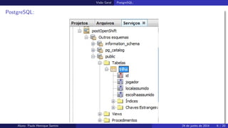 Vis˜ao Geral PostgreSQL;
PostgreSQL:
Aluno: Paulo Henrique Santini 24 de junho de 2014 6 / 20
 