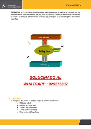 Pág. 6
TERMODINÁMICA
EJERCICIO 10.- Una máquina refrigeradora reversible extrae 50 KW de un depósito frío. La
temperatura de este último es de 300 K y la de un depósito caliente que interviene también en
el sistema es de 400 K. Determinar la potencia requerida para la operación óptima del sistema
frigorífico:
SOLUCINADO AL
WHATSAPP : 925275837
IV. ANEXOS:
El trabajo de desarrollo se elabora según el formato establecido:
● Módulos 4, 5, 6
● Lectura de contenidos
● Tablas de conversiones
● Tablas termodinámicas
● Referencias bibliográficas
 