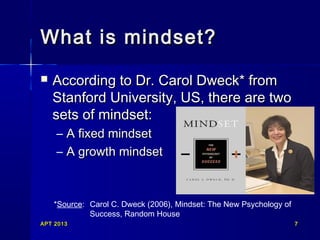 What is mindset?


According to Dr. Carol Dweck* from
Stanford University, US, there are two
sets of mindset:
– A fixed mindset
– A growth mindset

*Source: Carol C. Dweck (2006), Mindset: The New Psychology of
Success, Random House
APT 2013

7

 