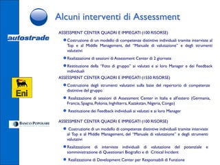 Alcuni interventi di Assessment
ASSESSMENT CENTER QUADRI E IMPIEGATI (100 RISORSE)
  ● Costruzione di un modello di competenze distintive individuali tramite interviste al
    Top e al Middle Management, del “Manuale di valutazione” e degli strumenti
    valutativi
  ● Realizzazione di sessioni di Assessment Center di 2 giornate
  ● Restituzione della “Foto di gruppo” ai valutati e ai loro Manager e dei Feedback
    individuali
ASSESSMENT CENTER QUADRI E IMPIEGATI (1550 RISORSE)
 ● Costruzione     degli strumenti valutativi sulla base del repertorio di competenze
    distintive del gruppo
 ● Realizzazione di sessioni di Assessment Center in Italia e all’estero (Germania,
    Francia, Spagna, Polonia, Inghilterra, Kazakstan, Nigeria, Congo)
 ● Restituzione dei Feedback individuali ai valutati e ai loro Manager
ASSESSMENT CENTER QUADRI E IMPIEGATI (100 RISORSE)
 ● Costruzione di un modello di competenze distintive individuali tramite interviste
    al Top e al Middle Management, del “Manuale di valutazione” e degli strumenti
    valutativi
 ● Realizzazione  di interviste individuali di valutazione del potenziale e
    somministrazione di Questionari Biografici e di Critical Incident
 ● Realizzazione di Development Center per Responsabili di Funzione
 