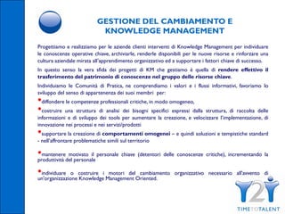 GESTIONE DEL CAMBIAMENTO E
                             KNOWLEDGE MANAGEMENT
Progettiamo e realizziamo per le aziende clienti interventi di Knowledge Management per individuare
le conoscenze operative chiave, archiviarle, renderle disponibili per le nuove risorse e rinforzare una
cultura aziendale mirata all’apprendimento organizzativo ed a supportare i fattori chiave di successo.
In questo senso la vera sfida dei progetti di KM che gestiamo è quella di rendere effettivo il
trasferimento del patrimonio di conoscenze nel gruppo delle risorse chiave.
Individuiamo le Comunità di Pratica, ne comprendiamo i valori e i flussi informativi, favoriamo lo
sviluppo del senso di appartenenza dei suoi membri per:
•diffondere le competenze professionali critiche, in modo omogeneo,
•costruire una struttura di analisi dei bisogni specifici espressi dalla struttura, di raccolta delle
informazioni e di sviluppo dei tools per aumentare la creazione, e velocizzare l’implementazione, di
innovazione nei processi e nei servizi/prodotti
•supportare la creazione di comportamenti omogenei – e quindi soluzioni e tempistiche standard
- nell’affrontare problematiche simili sul territorio

•manteneredel personale personale chiave (detentori delle conoscenze critiche), incrementando la
produttività
             motivato il


•individuare o costruire i Management Oriented.
un'organizzazione Knowledge
                            motori del cambiamento           organizzativo necessario all'avvento di
 