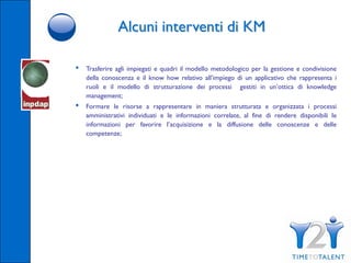 Alcuni interventi di KM

•   Trasferire agli impiegati e quadri il modello metodologico per la gestione e condivisione
    della conoscenza e il know how relativo all’impiego di un applicativo che rappresenta i
    ruoli e il modello di strutturazione dei processi gestiti in un’ottica di knowledge
    management;
•   Formare le risorse a rappresentare in maniera strutturata e organizzata i processi
    amministrativi individuati e le informazioni correlate, al fine di rendere disponibili le
    informazioni per favorire l’acquisizione e la diffusione delle conoscenze e delle
    competenze;
 