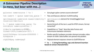 A Gstreamer Pipeline Description
(a mess, but bear with me…)
pylonsrc name=source ! %s !
tee name=t ! queue name=raw_queue !
splitmuxsink name=sink muxer=identity
location=/dev/null
t. ! queue name=rtsp_queue !%s
nvvidconv name=converter !
video/x-raw(memory:NVMM),
format=I420,framerate=30/1 !
nvv4l2h264enc bitrate=20000000 !
h264parse !
rtph264pay name=pay0
• Gst-plugin-pylon camera source element*
• Tees and Queues abstract multithreading
• splitmuxsink element for timed/toggled local
recording
• Second branch of the tee is used for RTSP stream, format
converted*
• Capabilities or “Caps” describe data frames and
transmission between elements
• Nvidia-specific hardware encoder element encodes video
stream to h264. Data buffers are parsed into packets
• Payload element exposes stream to GstRTSPServer
* %s -- C string formatting; caps and element insertion
based on sensor characteristics
© 2025 Oak Ridge National Laboratory 11
 