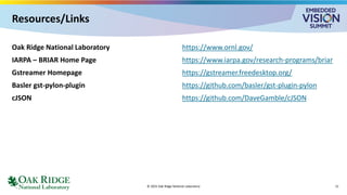 Oak Ridge National Laboratory
IARPA – BRIAR Home Page
Gstreamer Homepage
Basler gst-pylon-plugin
cJSON
https://www.ornl.gov/
https://www.iarpa.gov/research-programs/briar
https://gstreamer.freedesktop.org/
https://github.com/basler/gst-plugin-pylon
https://github.com/DaveGamble/cJSON
© 2025 Oak Ridge National Laboratory
Resources/Links
21
 