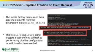 GstRTSPServer – Pipeline Creation on Client Request
• The media factory creates and links
pipeline elements from the
description in pipeline_string
• The media-configure signal
triggers a user-defined callback to
perform any pipeline configuration
or additional actions needed
© 2025 Oak Ridge National Laboratory 9
 