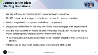 • We are software developers, limited to no hardware experience
• No $$$ to hire outside experts to help and no time to ramp up ourselves
• Look at single board computers and related components
• Design updated human-in-the-loop workflows that can engage with edge content
• Possible wide variants on where a home tv monitor would sit in relation to the tv,
makes selecting best/cheapest camera module difficult
• Interesting but difficult data collection and research project to measure camera
abilities
• Introduction of new vision pipelines for tv monitoring at the edge
Journey to the Edge:
Starting Limitations
11
© 2024 MetaConsumer Inc.
 