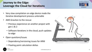 • Very slow compilation on edge device made the
iterative development process untenable
• AWS Graviton to the rescue
• Previous experience on another project with
gen 1 & 2
• Software iterations in the cloud, push updates
to edge
• Open questions/issues
• Dependency/versioning issues for ARM
• Floating point calculation deltas
Journey to the Edge:
Leverage the Cloud for Iterations
14
© 2024 MetaConsumer Inc.
 
